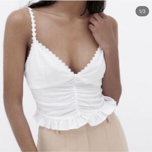 Zara White Ruched Camisole with Ruffle Trim
